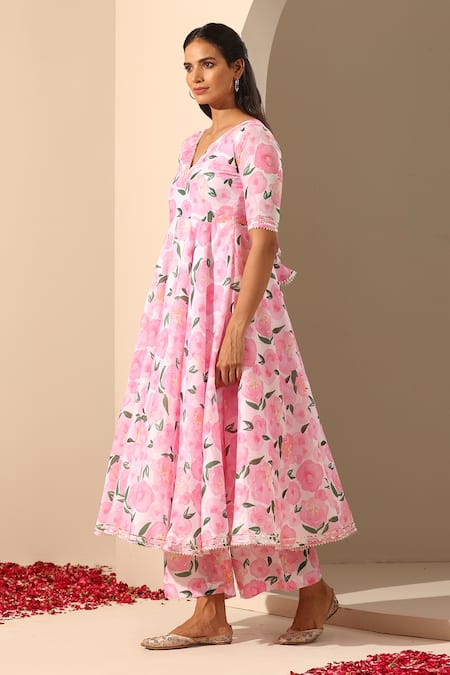 Pomcha Jaipur_Pink Muslin, Chiffon, Cotton Embroidery Gul Rozi Floral Pattern Anarkali Set _Online_at_Aza_Fashions