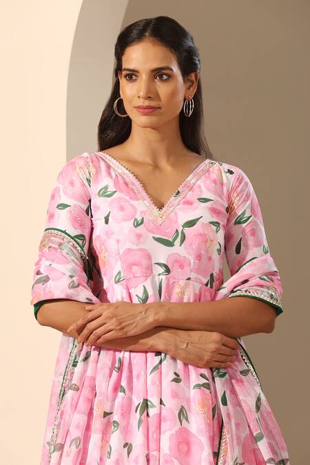 Buy_Pomcha Jaipur_Pink Muslin, Chiffon, Cotton Embroidery Gul Rozi Floral Pattern Anarkali Set _Online_at_Aza_Fashions