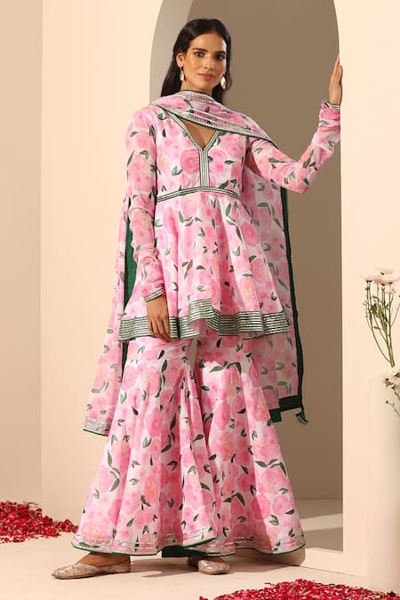 Pomcha Jaipur Gul Rozi Floral Pattern Peplum Tunic Sharara Set 