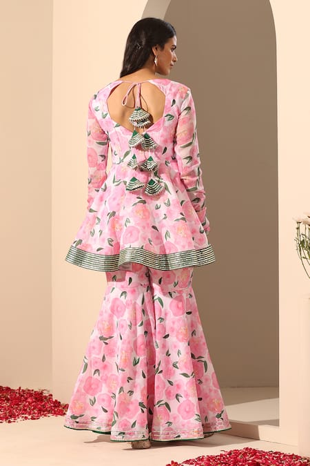 Pomcha Jaipur_Pink Muslin, Chiffon Gota Gul Rozi Floral Pattern Peplum Tunic Sharara Set _Online_at_Aza_Fashions
