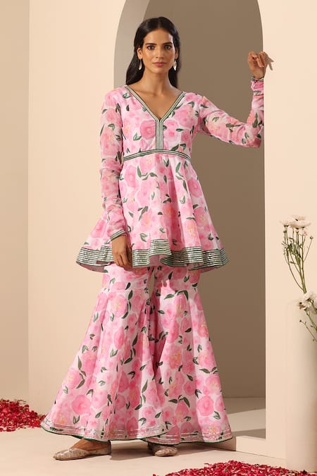 Buy_Pomcha Jaipur_Pink Muslin, Chiffon Gota Gul Rozi Floral Pattern Peplum Tunic Sharara Set _Online_at_Aza_Fashions