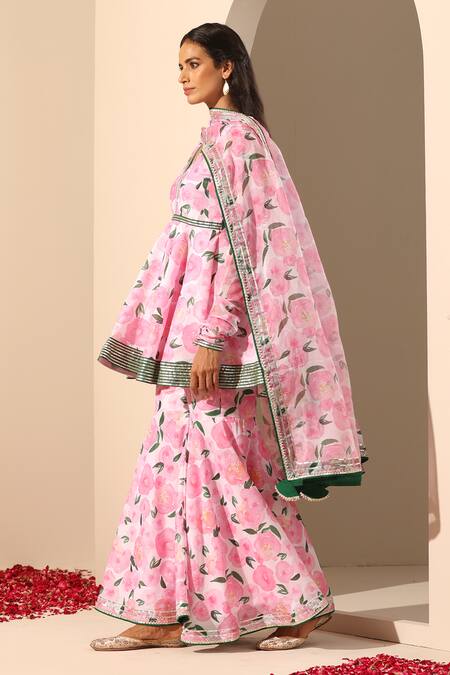Shop_Pomcha Jaipur_Pink Muslin, Chiffon Gota Gul Rozi Floral Pattern Peplum Tunic Sharara Set _Online_at_Aza_Fashions