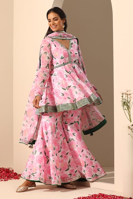 Pomcha Jaipur_Pink Muslin, Chiffon Gota Gul Rozi Floral Pattern Peplum Tunic Sharara Set _at_Aza_Fashions