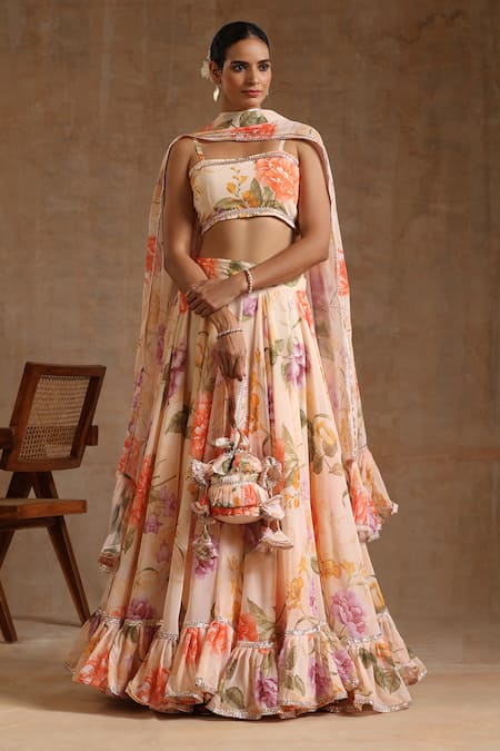 POMCHA JAIPUR Peach Georgette Floral Square Gul Ruhani Pattern Lehenga Set