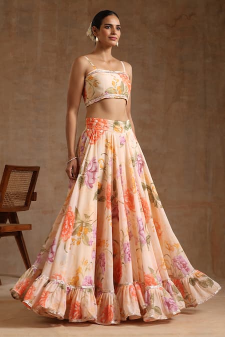 Buy_Pomcha Jaipur_Peach Georgette Gota Patti, Embroidery Gul Ruhani Floral Pattern Lehenga Set _Online_at_Aza_Fashions