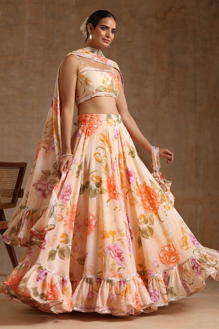 Shop_Pomcha Jaipur_Peach Georgette Gota Patti, Embroidery Gul Ruhani Floral Pattern Lehenga Set _Online_at_Aza_Fashions