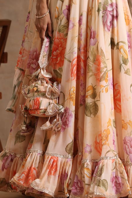 Pomcha Jaipur_Peach Georgette Gota Patti, Embroidery Gul Ruhani Floral Pattern Lehenga Set _at_Aza_Fashions