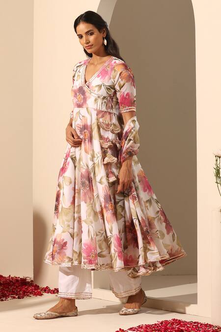 Buy_Pomcha Jaipur_White Georgette, Cotton Tassels, Gul Sufiyana Floral Pattern Angarkha Set _Online_at_Aza_Fashions