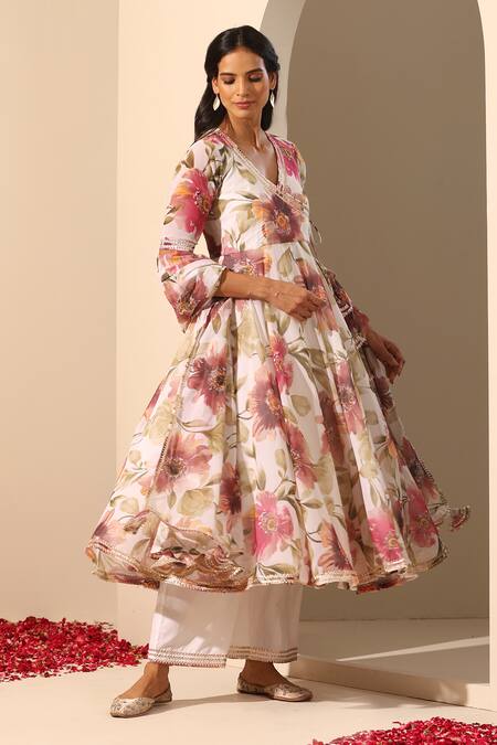 Shop_Pomcha Jaipur_White Georgette, Cotton Tassels, Gul Sufiyana Floral Pattern Angarkha Set _Online_at_Aza_Fashions