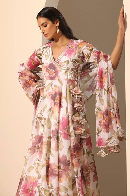 Pomcha Jaipur_White Georgette, Cotton Tassels, Gul Sufiyana Floral Pattern Angarkha Set _at_Aza_Fashions