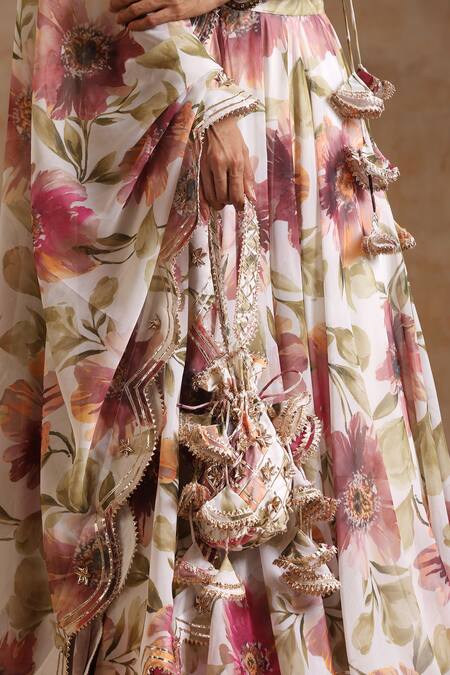 Pomcha Jaipur_White Georgette Sequins, Gota Patti Gul Sufiyana Floral Pattern Lehenga Set _Online_at_Aza_Fashions