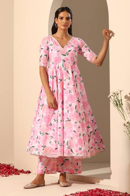 Shop_Pomcha Jaipur_Pink Muslin, Chiffon, Cotton Embroidery Gul Rozi Floral Pattern Anarkali Set _Online_at_Aza_Fashions