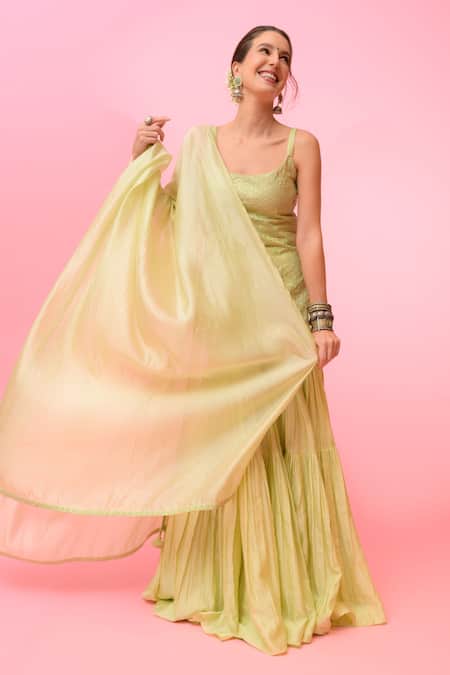 Punit Balana_Green Chanderi Silk, Organza Embroidery, Tassels Noor Resham Kurta Gharara Set _at_Aza_Fashions