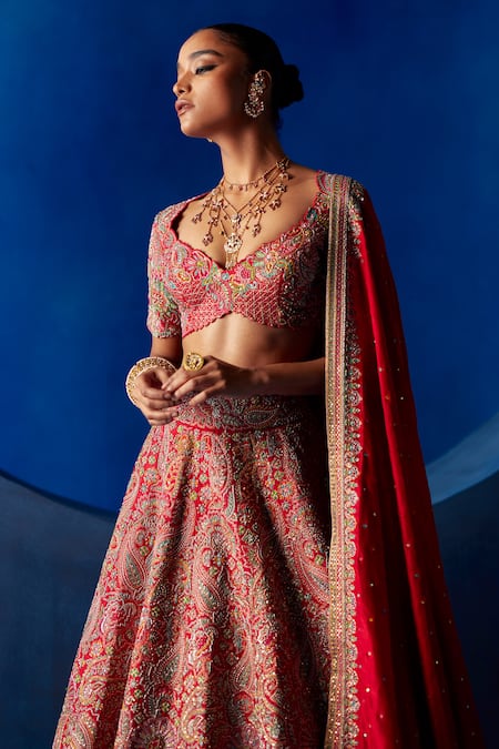 Shop Mrunalini Rao Red , Organza Zari, Embroidery V-neck Ahvi Raw Bridal Lehenga Set at Aza Fashions Shop_Mrunalini Rao_Red , Organza Zari, Embroidery V-neck Ahvi Raw Bridal Lehenga Set _at_Aza_Fashions
