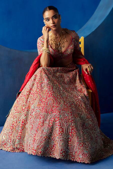 Shop Mrunalini Rao Red , Organza Zari, Embroidery V-neck Ahvi Raw Bridal Lehenga Set Online at Aza Fashions Shop_Mrunalini Rao_Red , Organza Zari, Embroidery V-neck Ahvi Raw Bridal Lehenga Set _Online_at_Aza_Fashions