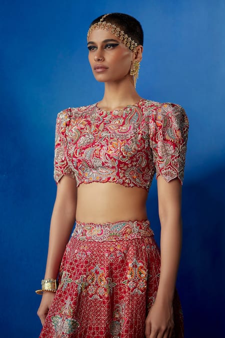 Shop Mrunalini Rao Red Leather, Organza, Silk Embroidery, Zari Round Radha Raw Bridal Lehenga Set at Aza Fashions Shop_Mrunalini Rao_Red Leather, Organza, Silk Embroidery, Zari Round Radha Raw Bridal Lehenga Set _at_Aza_Fashions