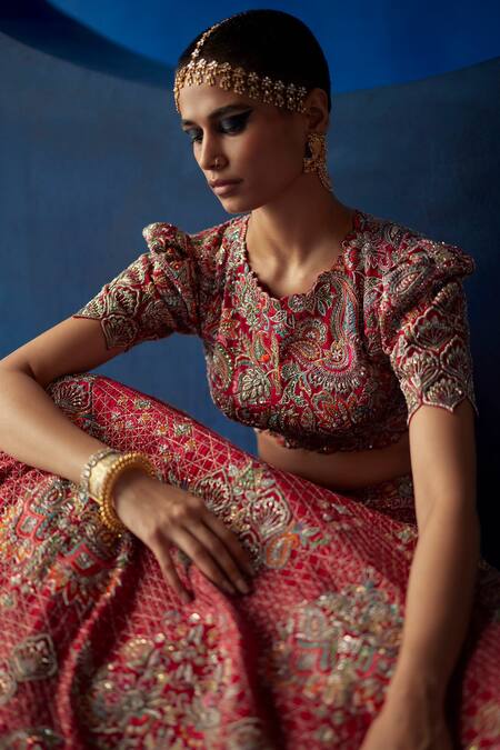 Mrunalini Rao Red Leather, Organza, Silk Embroidery, Zari Round Radha Raw Bridal Lehenga Set Online at Aza Fashions Mrunalini Rao_Red Leather, Organza, Silk Embroidery, Zari Round Radha Raw Bridal Lehenga Set _Online_at_Aza_Fashions