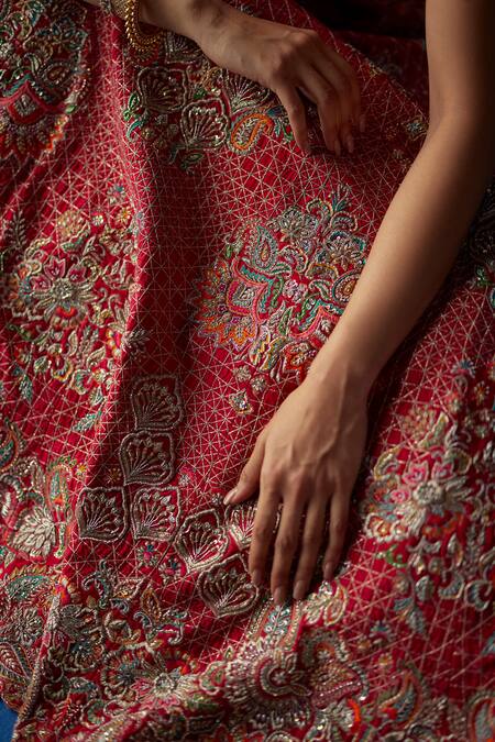 Buy Mrunalini Rao Red Leather, Organza, Silk Embroidery, Zari Round Radha Raw Bridal Lehenga Set Online at Aza Fashions Buy_Mrunalini Rao_Red Leather, Organza, Silk Embroidery, Zari Round Radha Raw Bridal Lehenga Set _Online_at_Aza_Fashions