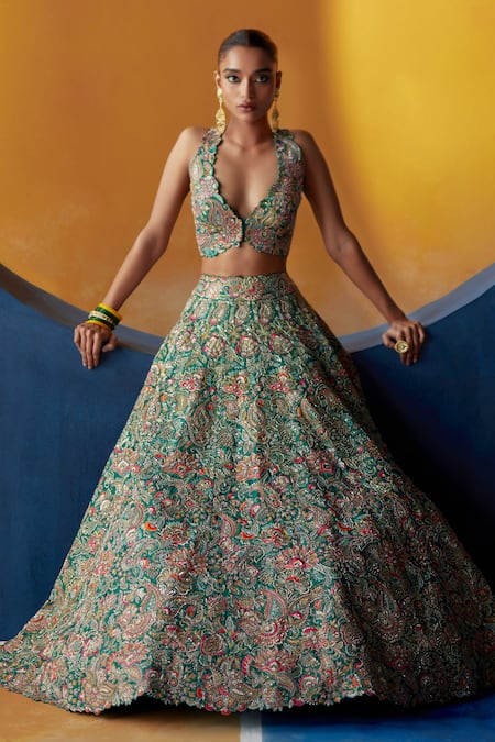 Shop Mrunalini Rao Green Silk, Organza Embroidery, Zari Meera Raw Floral Bridal Lehenga Set at Aza Fashions Shop_Mrunalini Rao_Green Silk, Organza Embroidery, Zari Meera Raw Floral Bridal Lehenga Set _at_Aza_Fashions
