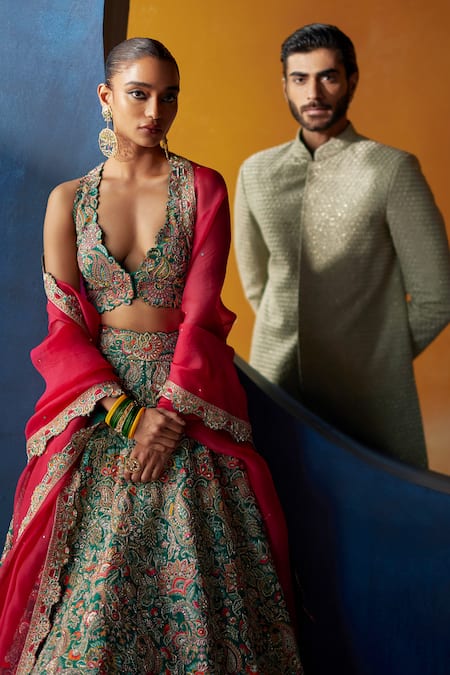 Mrunalini Rao Green Silk, Organza Embroidery, Zari Meera Raw Floral Bridal Lehenga Set Online at Aza Fashions Mrunalini Rao_Green Silk, Organza Embroidery, Zari Meera Raw Floral Bridal Lehenga Set _Online_at_Aza_Fashions