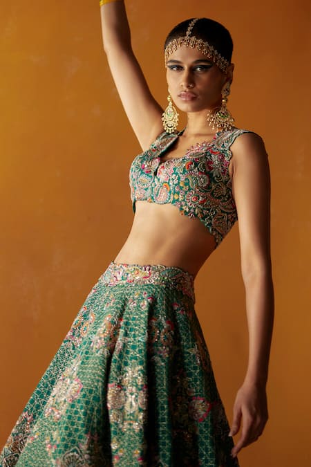 Shop_Mrunalini Rao_Green Silk, Organza Embroidery Plunge Neck Mudra Raw Bridal Lehenga Set _at_Aza_Fashions