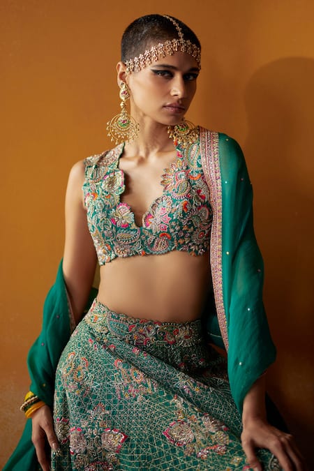 Buy Green Chiffon Embroidered Cutdana Scoop Neck Bridal Lehenga Set For  Women by Disha Muchhala Online at Aza Fashions.