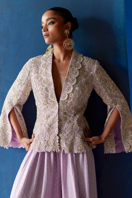 Mrunalini Rao_Purple Silk Zari, Pearls, Sequins, Embroidery Chaya Raw Jacket With Palazzo _Online_at_Aza_Fashions