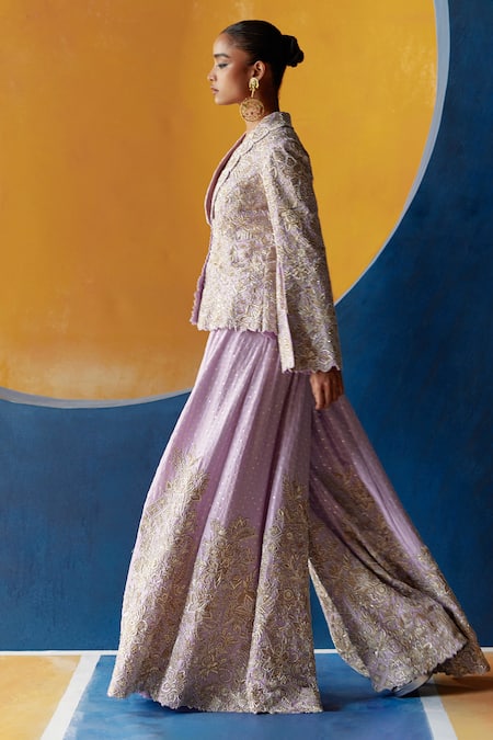 Buy_Mrunalini Rao_Purple Silk Zari, Pearls, Sequins, Embroidery Chaya Raw Jacket With Palazzo _Online_at_Aza_Fashions