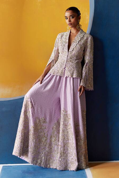 Shop_Mrunalini Rao_Purple Silk Zari, Pearls, Sequins, Embroidery Chaya Raw Jacket With Palazzo _Online_at_Aza_Fashions