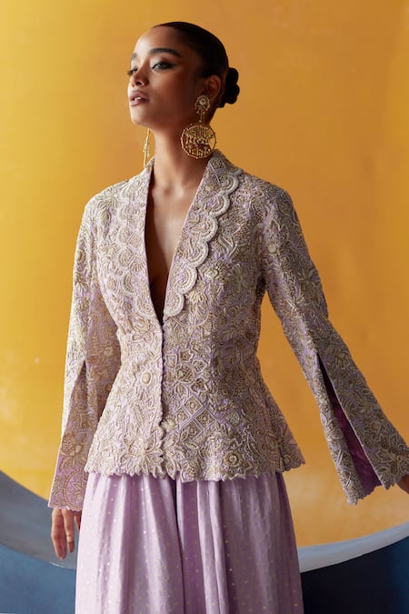 Mrunalini Rao_Purple Silk Zari, Pearls, Sequins, Embroidery Chaya Raw Jacket With Palazzo _at_Aza_Fashions