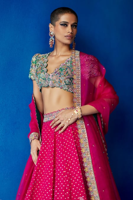 Shop Mrunalini Rao Pink Silk, Organza Embroidery, Sequins V-neck Paaro Resham Bridal Lehenga Set at Aza Fashions Shop_Mrunalini Rao_Pink Silk, Organza Embroidery, Sequins V-neck Paaro Resham Bridal Lehenga Set _at_Aza_Fashions