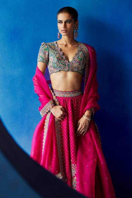 Mrunalini Rao Pink Silk, Organza Embroidery, Sequins V-neck Paaro Resham Bridal Lehenga Set Online at Aza Fashions Mrunalini Rao_Pink Silk, Organza Embroidery, Sequins V-neck Paaro Resham Bridal Lehenga Set _Online_at_Aza_Fashions
