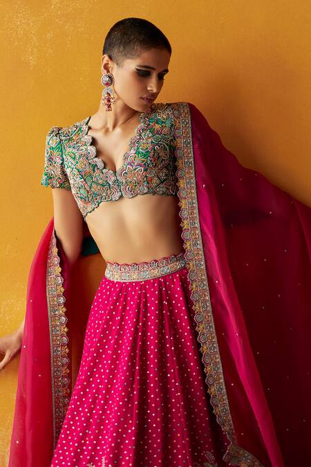 Buy Mrunalini Rao Pink Silk, Organza Embroidery, Sequins V-neck Paaro Resham Bridal Lehenga Set Online at Aza Fashions Buy_Mrunalini Rao_Pink Silk, Organza Embroidery, Sequins V-neck Paaro Resham Bridal Lehenga Set _Online_at_Aza_Fashions