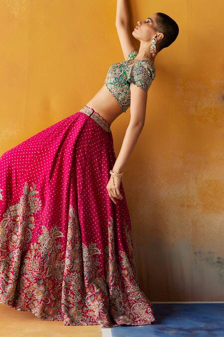 Mrunalini Rao Pink Silk, Organza Embroidery, Sequins V-neck Paaro Resham Bridal Lehenga Set at Aza Fashions Mrunalini Rao_Pink Silk, Organza Embroidery, Sequins V-neck Paaro Resham Bridal Lehenga Set _at_Aza_Fashions