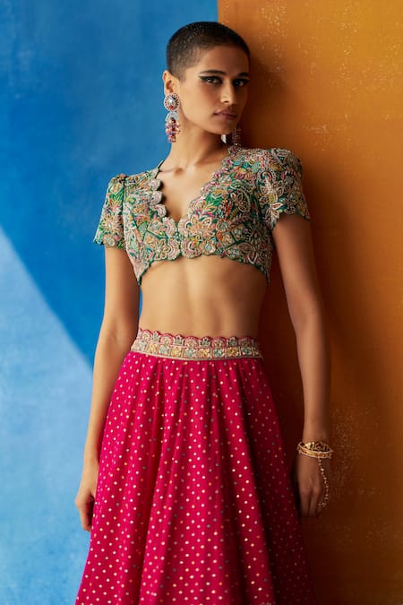 Buy Mrunalini Rao Pink Silk, Organza Embroidery, Sequins V-neck Paaro Resham Bridal Lehenga Set Buy_Mrunalini Rao_Pink Silk, Organza Embroidery, Sequins V-neck Paaro Resham Bridal Lehenga Set