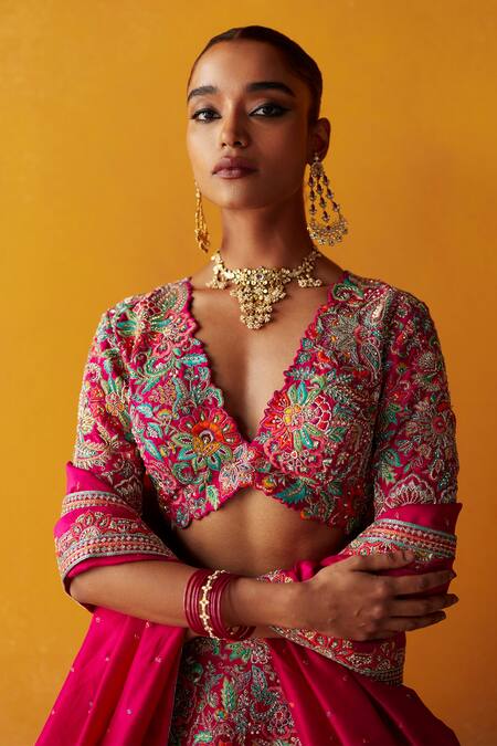 Buy_Mrunalini Rao_Pink Silk Sequins, Embroidery V-neck Vanya Bridal Lehenga Set _Online_at_Aza_Fashions
