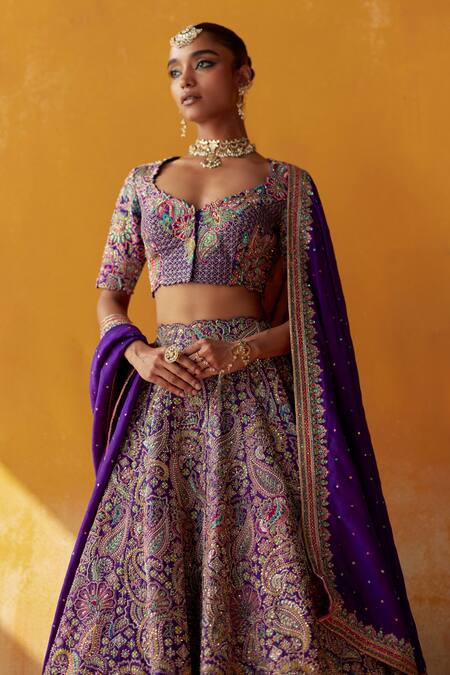 Mrunalini Rao Purple Silk Embroidery, Zari Bandeau Neck Aindri Raw Bridal Lehenga Set Online at Aza Fashions Mrunalini Rao_Purple Silk Embroidery, Zari Bandeau Neck Aindri Raw Bridal Lehenga Set _Online_at_Aza_Fashions