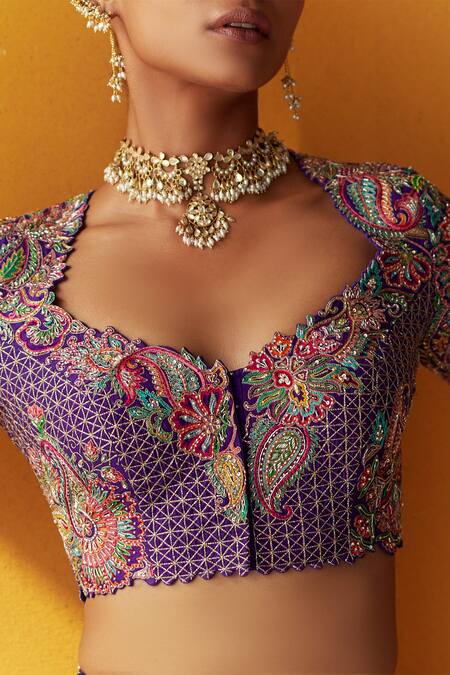 Shop Mrunalini Rao Purple Silk Embroidery, Zari Bandeau Neck Aindri Raw Bridal Lehenga Set Online at Aza Fashions Shop_Mrunalini Rao_Purple Silk Embroidery, Zari Bandeau Neck Aindri Raw Bridal Lehenga Set _Online_at_Aza_Fashions