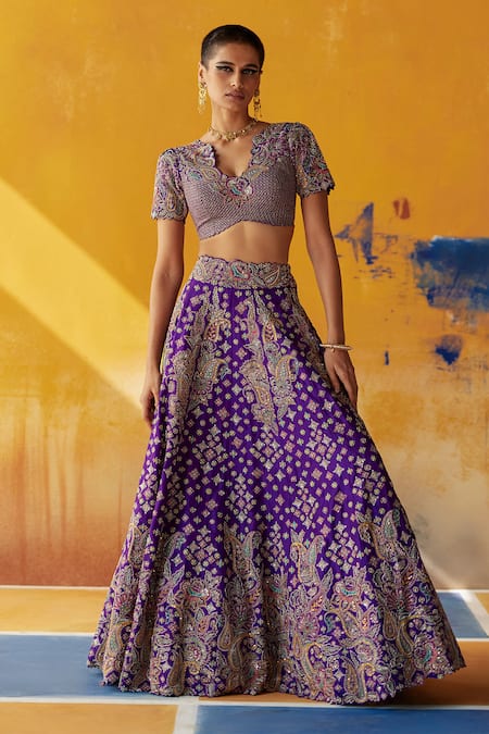 Shop_Mrunalini Rao_Purple , Organza Zari, Embroidery, Teerdha Zardozi Bridal Lehenga Set _at_Aza_Fashions