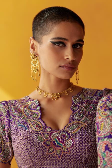 Buy_Mrunalini Rao_Purple , Organza Zari, Embroidery, Teerdha Zardozi Bridal Lehenga Set _Online_at_Aza_Fashions