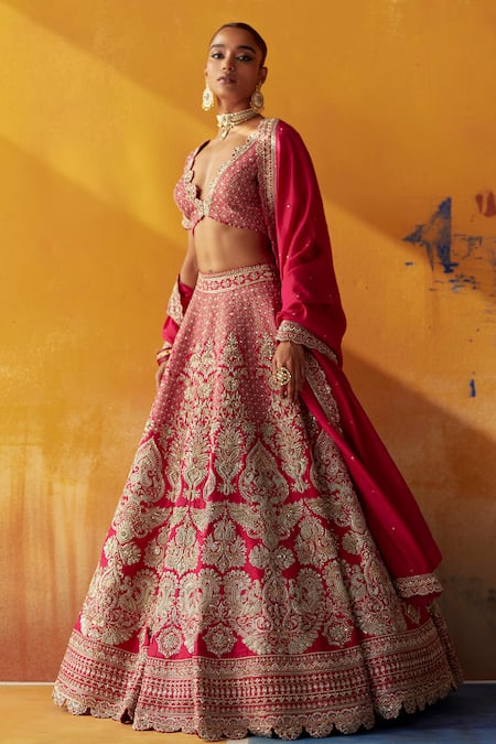 Shop_Mrunalini Rao_Pink Silk Embroidery, Zari V-neck Rani Zardozi Bridal Lehenga Set _at_Aza_Fashions