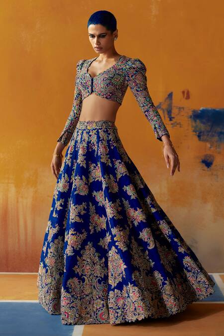 Buy_Mrunalini Rao_Blue Silk, Organza Embroidery, Zari Round Neck Mynah Resham Bridal Lehenga Set _Online_at_Aza_Fashions