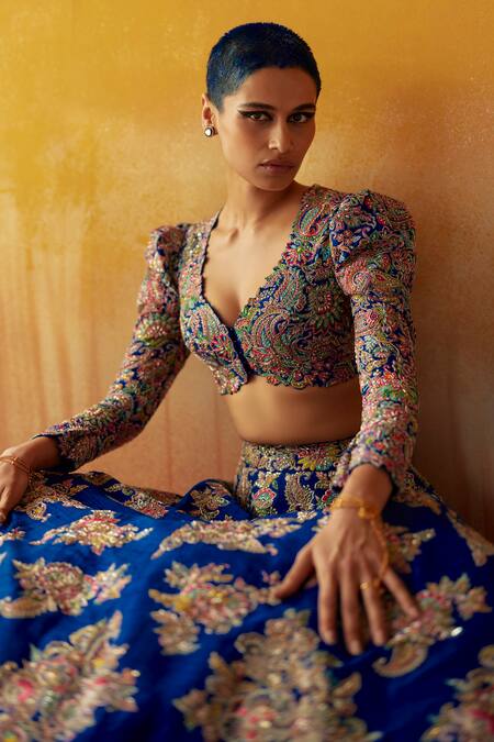 Mrunalini Rao_Blue Silk, Organza Embroidery, Zari Round Neck Mynah Resham Bridal Lehenga Set _at_Aza_Fashions