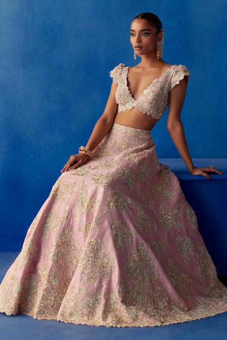 Mrunalini Rao_Pink Silk, Organza Embroidery V-neck Vartika Zardozi Bridal Lehenga Set _Online_at_Aza_Fashions