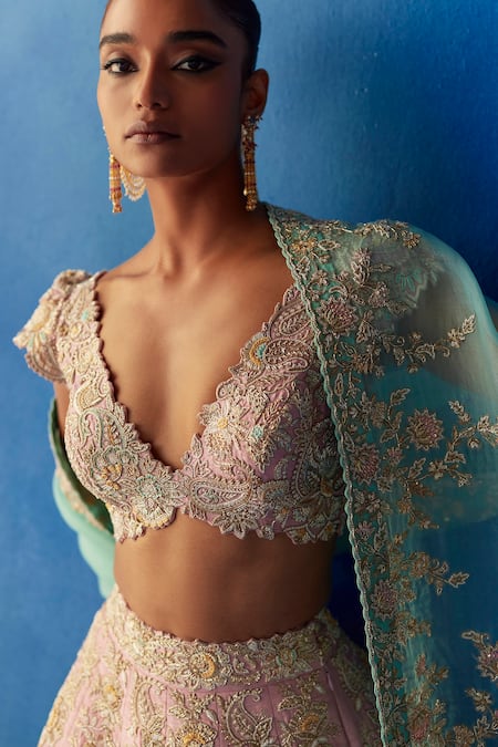 Buy_Mrunalini Rao_Pink Silk, Organza Embroidery V-neck Vartika Zardozi Bridal Lehenga Set _Online_at_Aza_Fashions