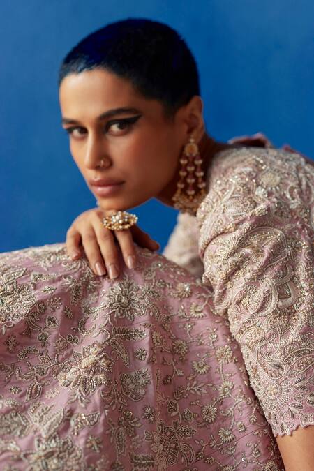 Shop_Mrunalini Rao_Pink Silk, Organza Embroidery, Pearls Preetha Resham Bridal Lehenga Set _Online_at_Aza_Fashions