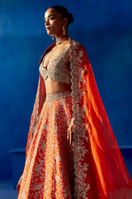 Mrunalini Rao_Orange Silk, Organza Embroidery, Zari V-neck Sahara Zardozi Bridal Lehenga Set _Online_at_Aza_Fashions