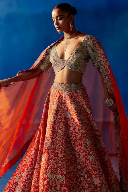 Buy_Mrunalini Rao_Orange Silk, Organza Embroidery, Zari V-neck Sahara Zardozi Bridal Lehenga Set _Online_at_Aza_Fashions