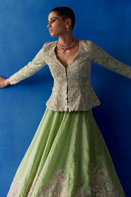Mrunalini Rao_Green Satin, Organza, Silk Zari, Embroidery, Anokhi Zardozi Lehenga Jacket Set _Online_at_Aza_Fashions