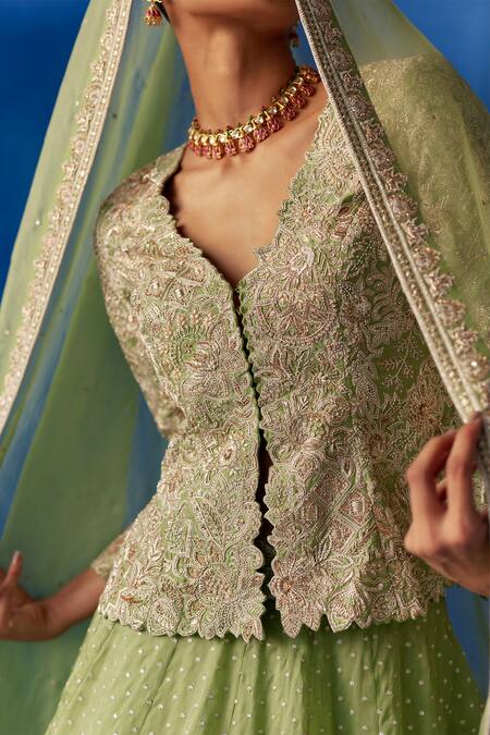 Buy_Mrunalini Rao_Green Satin, Organza, Silk Zari, Embroidery, Anokhi Zardozi Lehenga Jacket Set _Online_at_Aza_Fashions